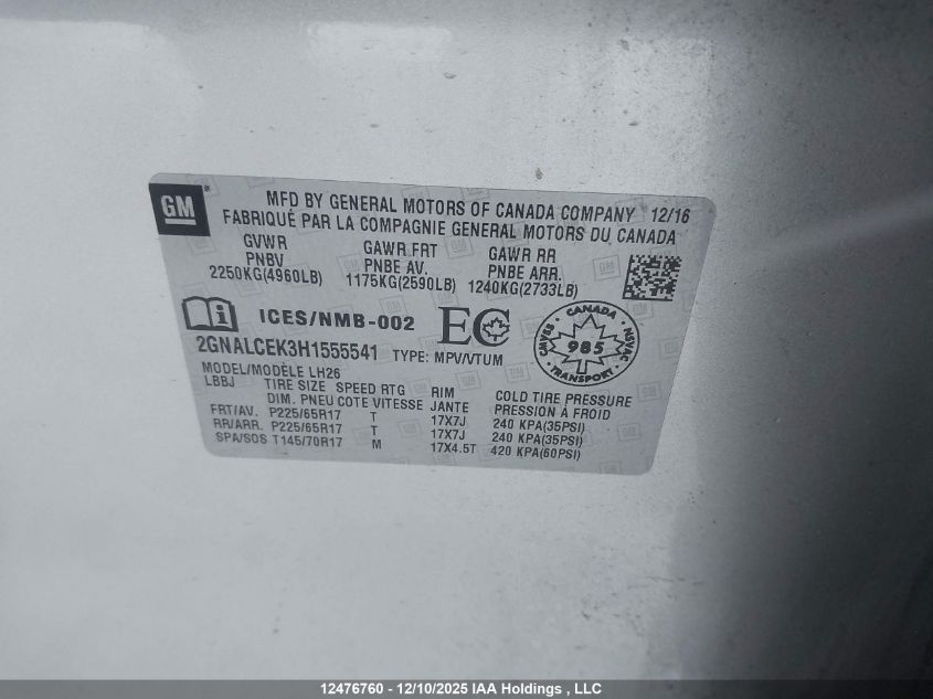 2017 Chevrolet Equinox Lt VIN: 2GNALCEK3H1555541 Lot: 12476760