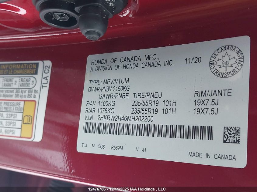 2021 Honda Cr-V Sport VIN: 2HKRW2H46MH202200 Lot: 12476786