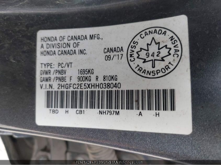 2017 Honda Civic Lx VIN: 2HGFC2E5XHH038040 Lot: 12476794