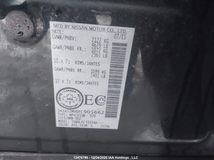 2015 Nissan Rogue S/Sl/Sv VIN: 5N1AT2MV0FC905662 Lot: 12476798