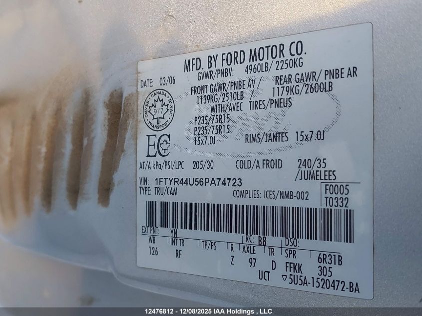 2006 Ford Ranger Super Cab VIN: 1FTYR44U56PA74723 Lot: 12476812