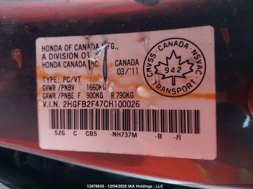 2012 Honda Civic Lx VIN: 2HGFB2F47CH100026 Lot: 12476835