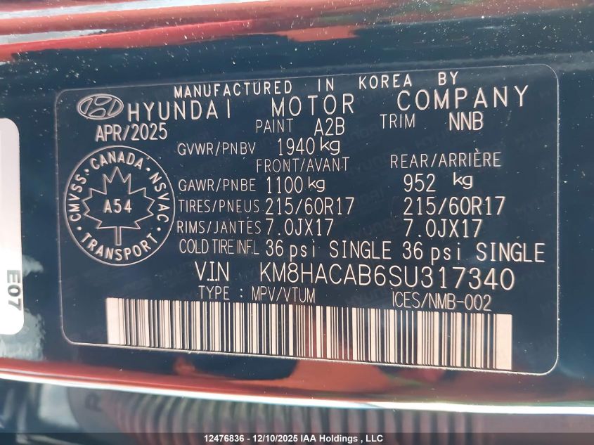 2025 Hyundai Kona Essential Awd VIN: KM8HACAB6SU317340 Lot: 12476836