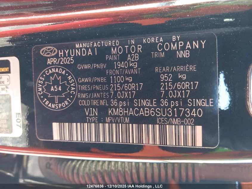 2025 Hyundai Kona Essential Awd VIN: KM8HACAB6SU317340 Lot: 12476836