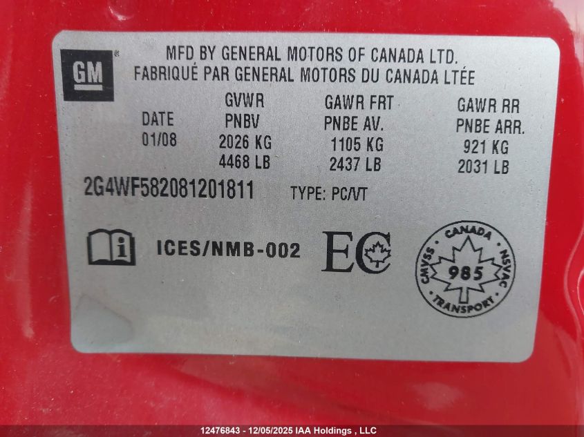 2008 Buick Allure VIN: 2G4WF582081201811 Lot: 12476843