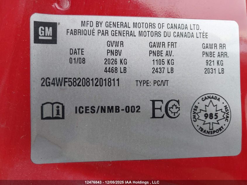 2008 Buick Allure VIN: 2G4WF582081201811 Lot: 12476843