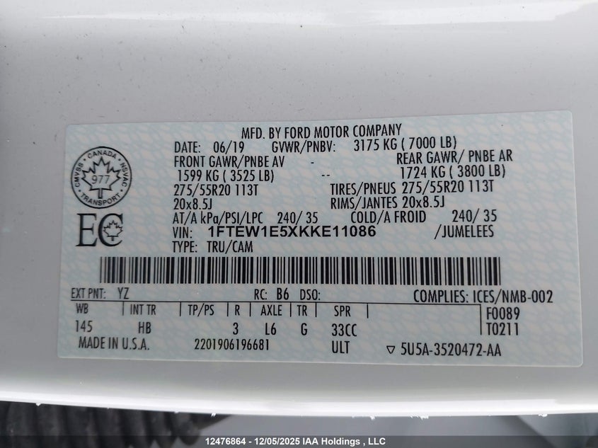 1FTEW1E5XKKE11086 2019 FORD F-150 photo no. 9