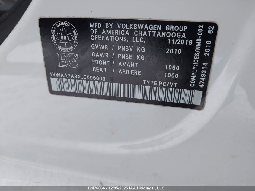 2020 Volkswagen Passat Comfortline VIN: 1VWAA7A34LC006063 Lot: 12476866