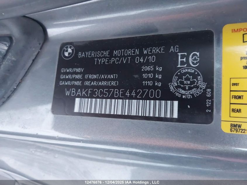 2011 BMW 328I xDrive VIN: WBAKF3C57BE442700 Lot: 12476876