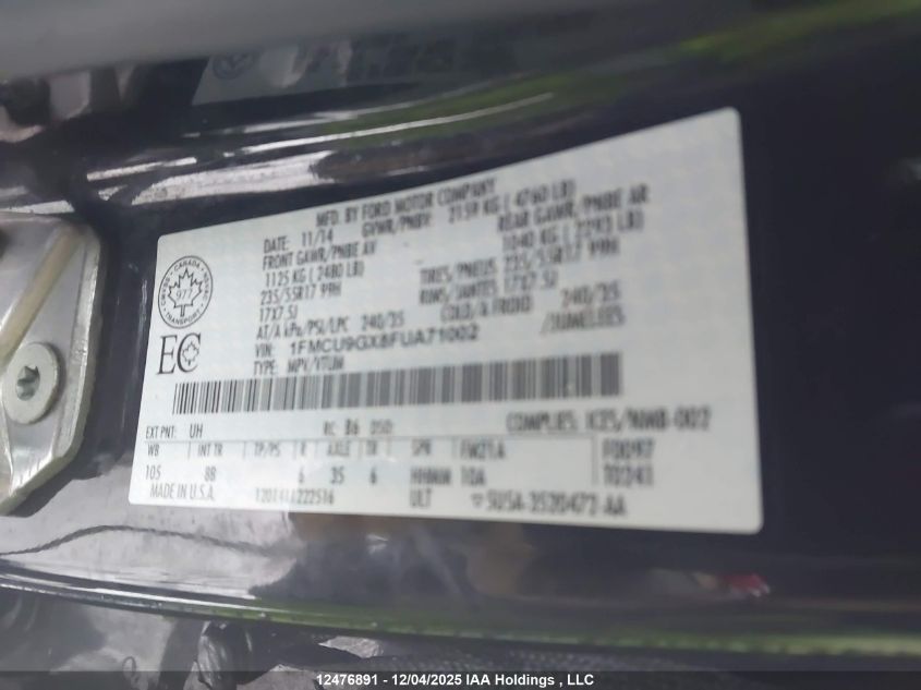 2015 Ford Escape Se VIN: 1FMCU9GX8FUA71002 Lot: 12476891