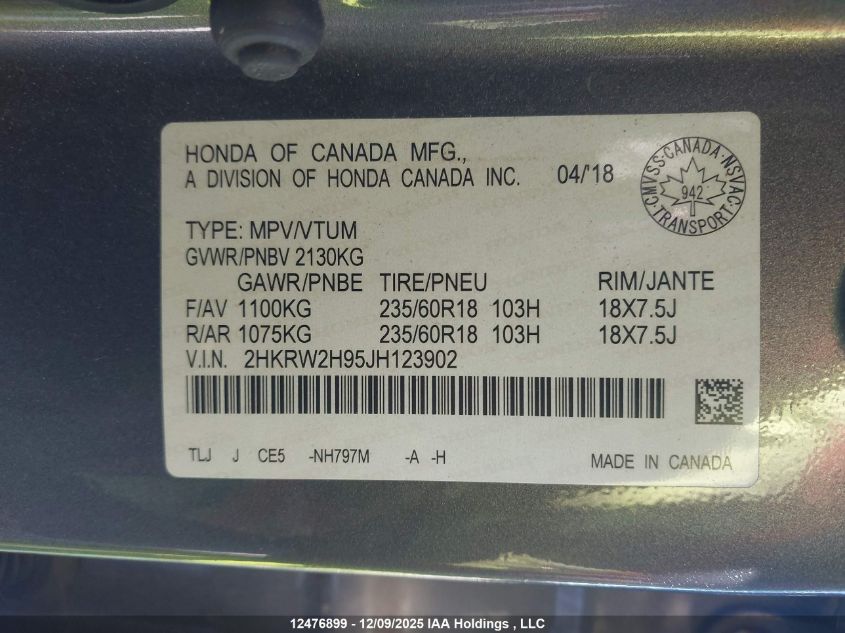 2018 Honda Cr-V Touring VIN: 2HKRW2H95JH123902 Lot: 12476899