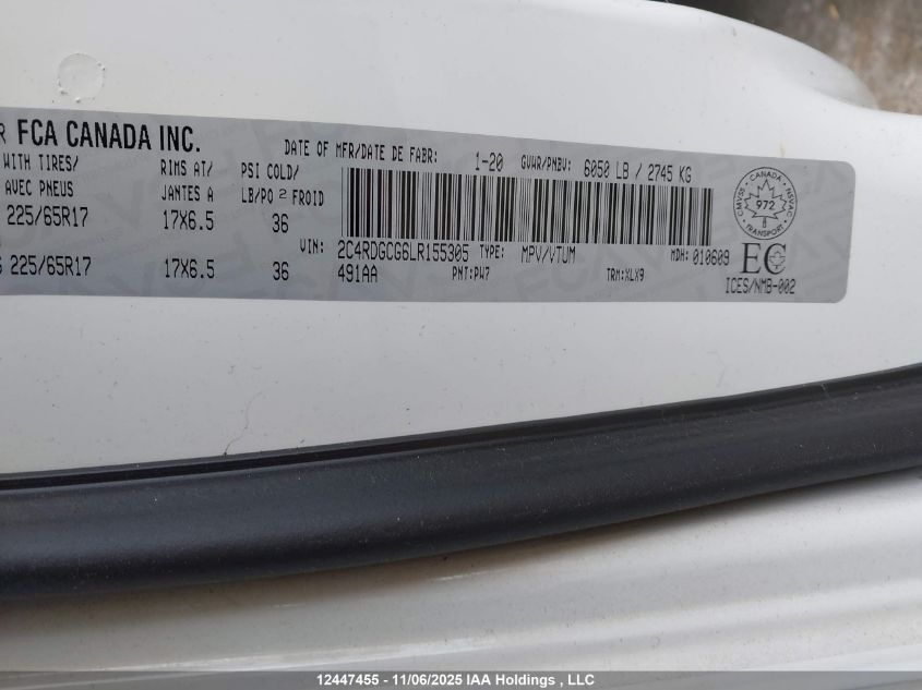 2020 Dodge Grand Caravan Premium Plus VIN: 2C4RDGCG6LR155305 Lot: 12447455X