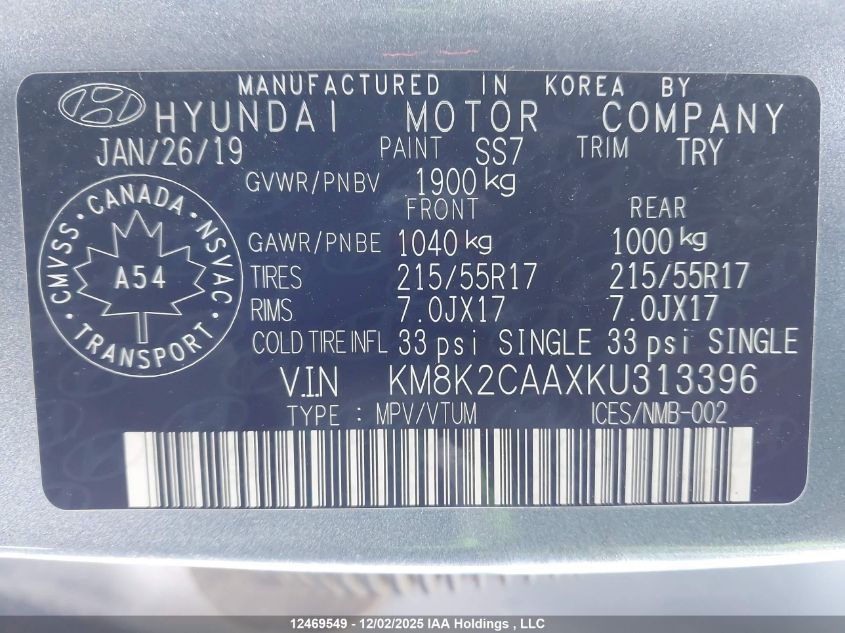 2019 Hyundai Kona 2.0L Preferred VIN: KM8K2CAAXKU313396 Lot: 12469549X