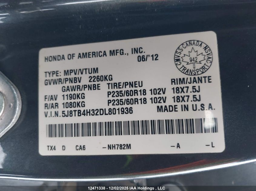 2013 Acura Rdx VIN: 5J8TB4H32DL801936 Lot: 12471338X