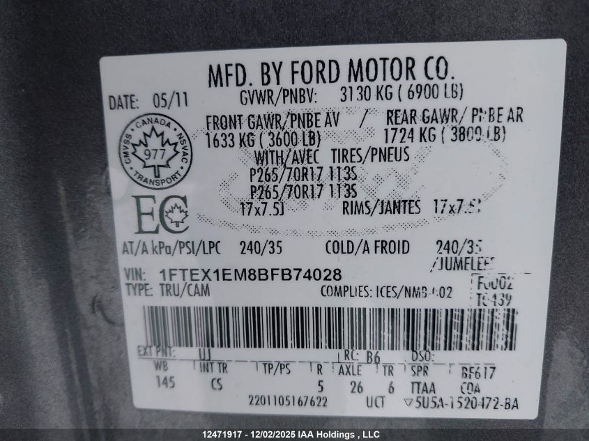 2011 Ford F-150 Stx VIN: 1FTEX1EM8BFB74028 Lot: 12471917X