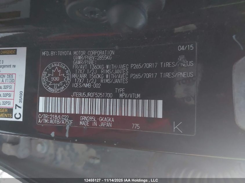 2015 Toyota 4Runner Sr5 V6 VIN: JTEBU5JR0F5251700 Lot: 12455127X