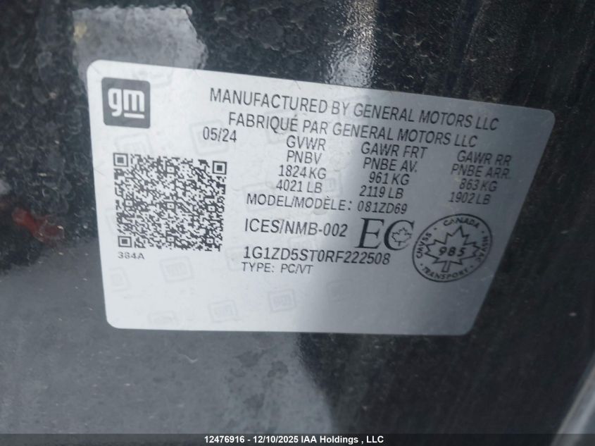 2024 Chevrolet Malibu 1Lt VIN: 1G1ZD5ST0RF222508 Lot: 12476916