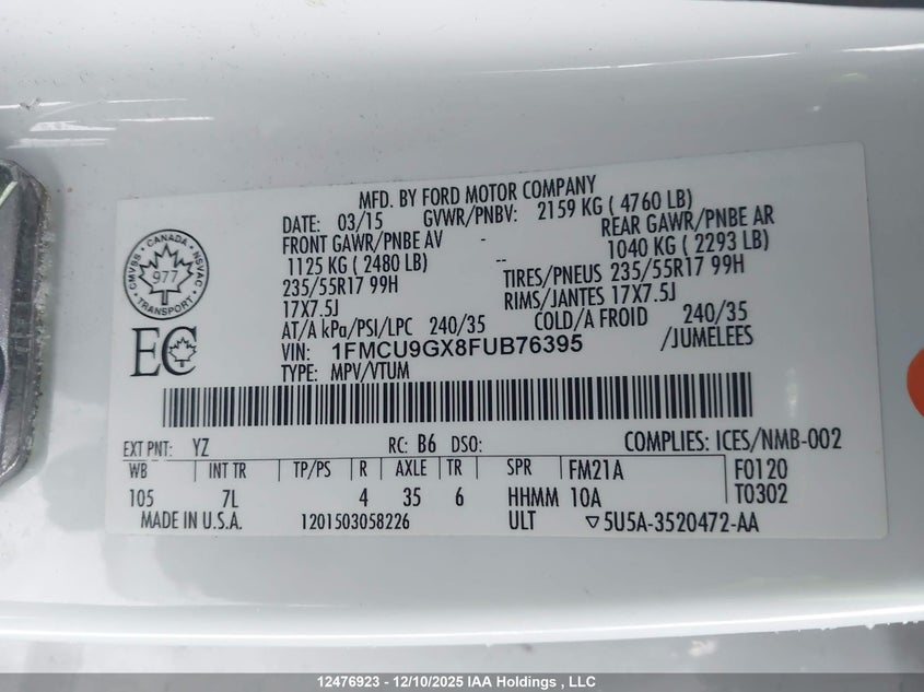 1FMCU9GX8FUB76395 2015 FORD ESCAPE photo no. 9