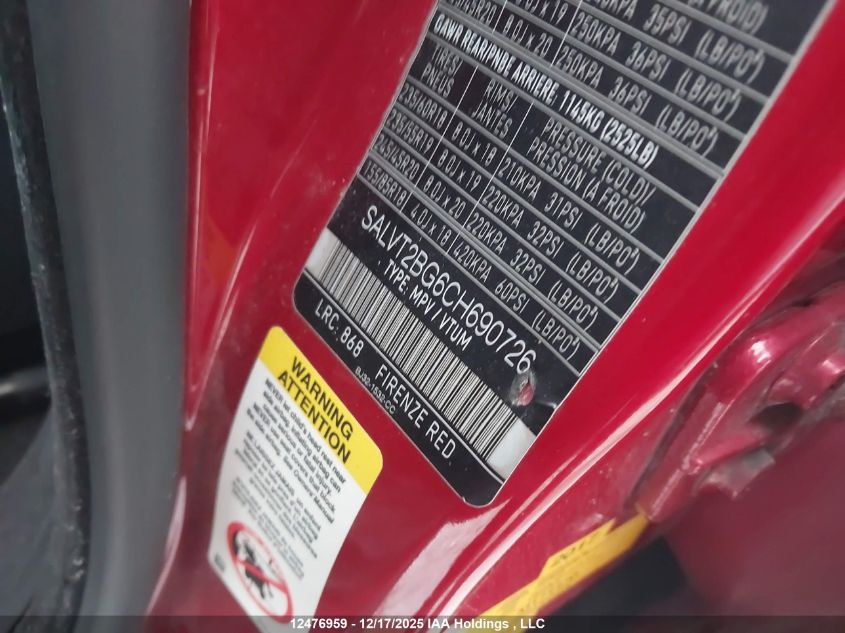 2012 Land Rover Range Rover Evoque Pure Plus VIN: SALVT2BG6CH690726 Lot: 12476959