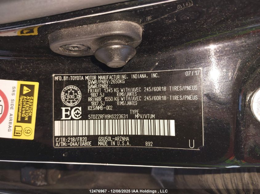 2017 Toyota Highlander Le/Le Plus VIN: 5TDZZRFH9HS223631 Lot: 12476967