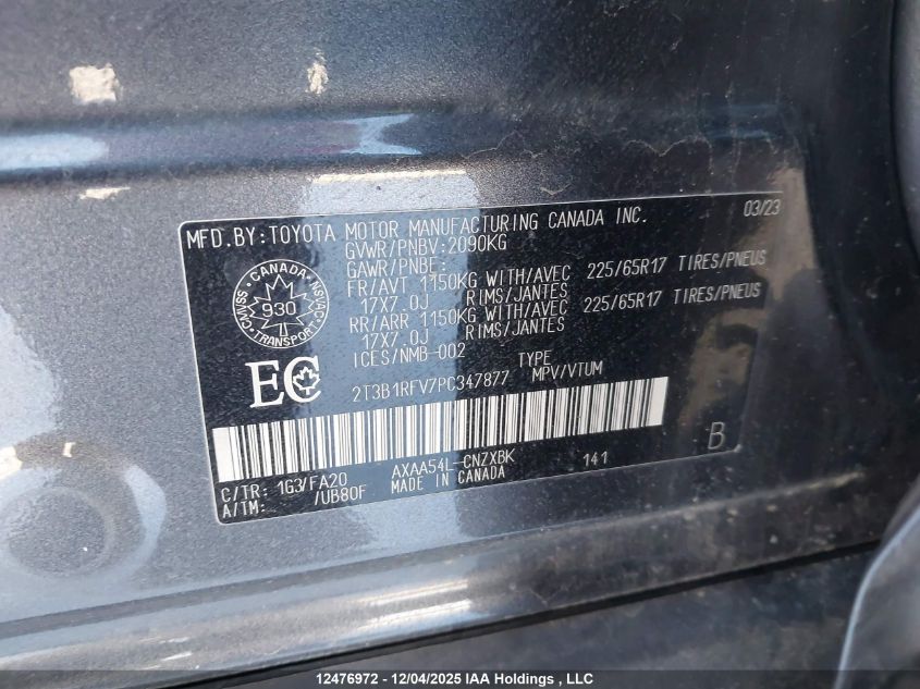 2023 Toyota Rav4 Le VIN: 2T3B1RFV7PC347877 Lot: 12476972