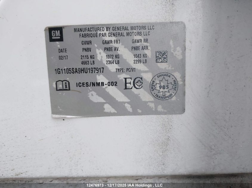 2017 Chevrolet Impala Lt VIN: 1G1105SA9HU197917 Lot: 12476973