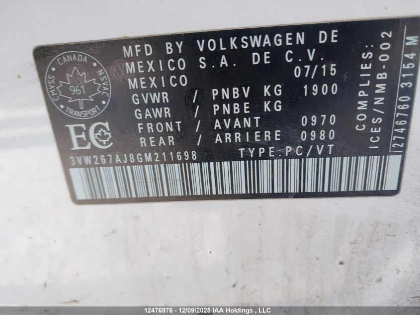 2016 Volkswagen Jetta S VIN: 3VW267AJ8GM211698 Lot: 12476976