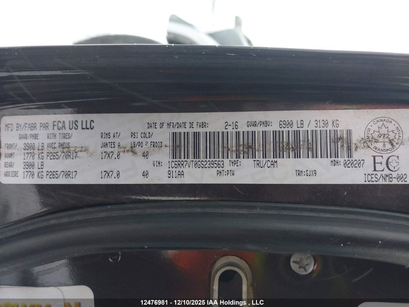 2016 Ram 1500 Laramie VIN: 1C6RR7VT0GS239563 Lot: 12476981