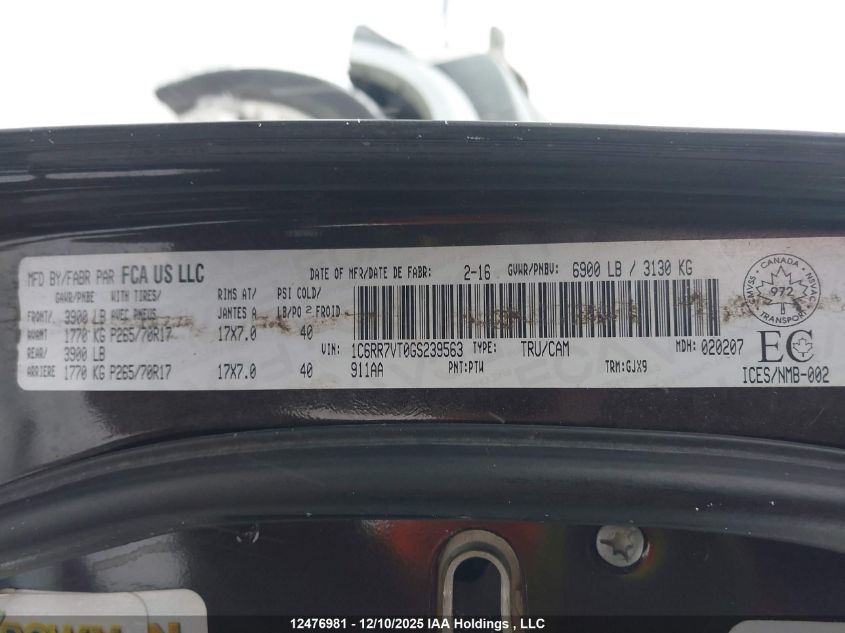 2016 Ram 1500 Laramie VIN: 1C6RR7VT0GS239563 Lot: 12476981