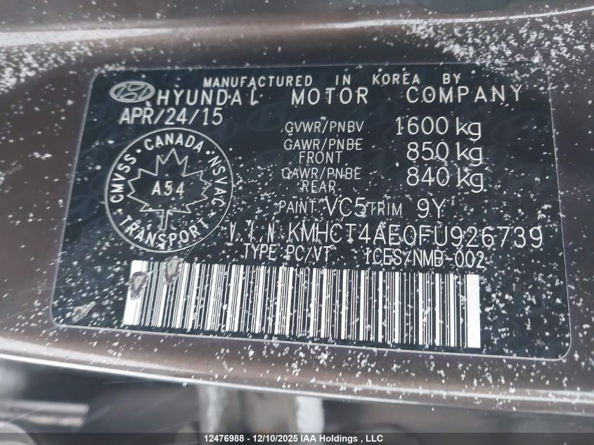 2015 Hyundai Accent Le VIN: KMHCT4AE0FU926739 Lot: 12476988