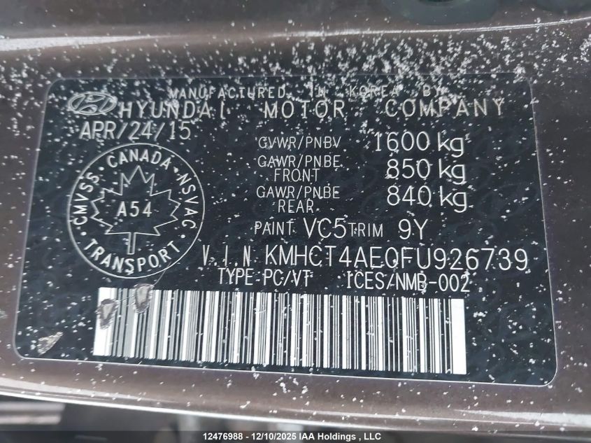 2015 Hyundai Accent Le VIN: KMHCT4AE0FU926739 Lot: 12476988