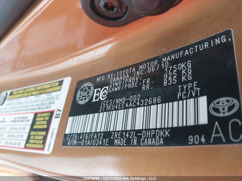 2010 Toyota Corolla Matrix VIN: 2T1KU4EE4AC432686 Lot: 12476994