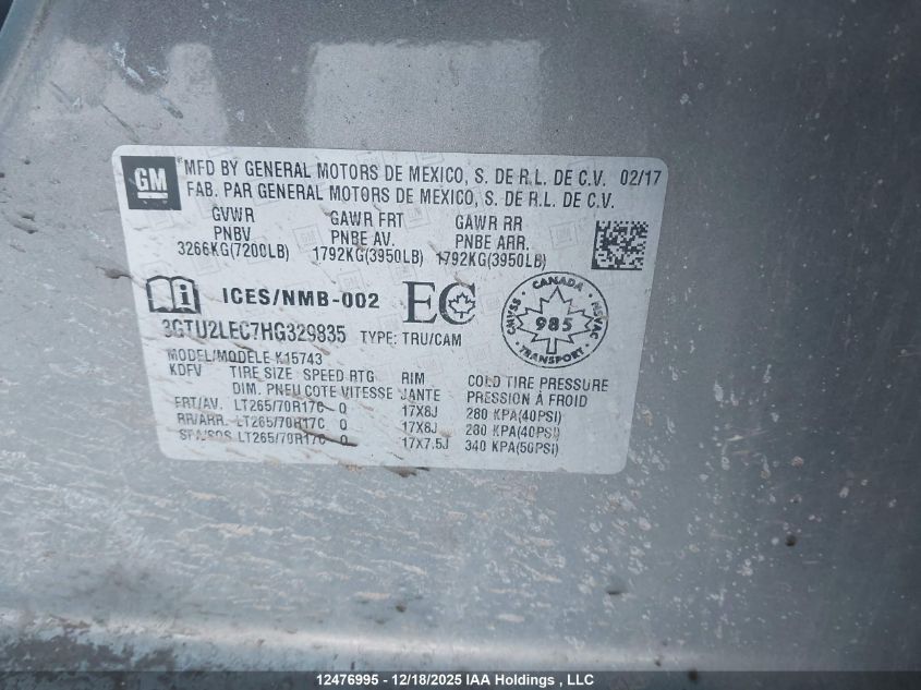 2017 GMC Sierra K1500 VIN: 3GTU2LEC7HG329835 Lot: 12476995