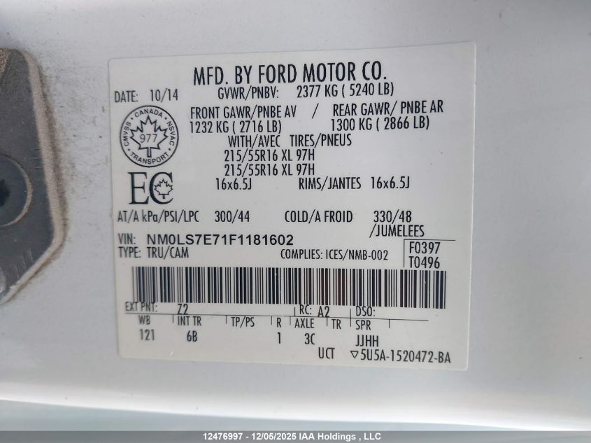 2015 Ford Transit Connect VIN: NM0LS7E71F1181602 Lot: 12476997