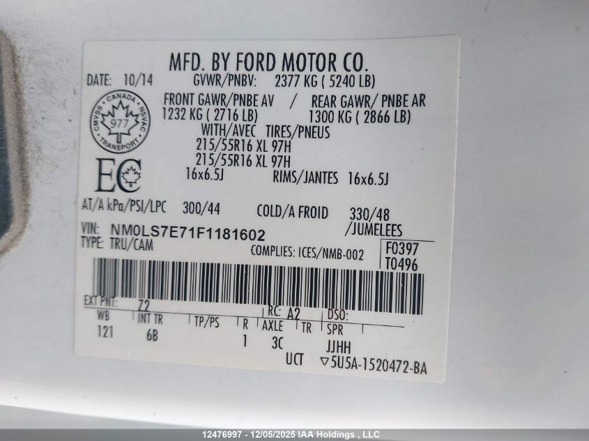 2015 Ford Transit Connect VIN: NM0LS7E71F1181602 Lot: 12476997