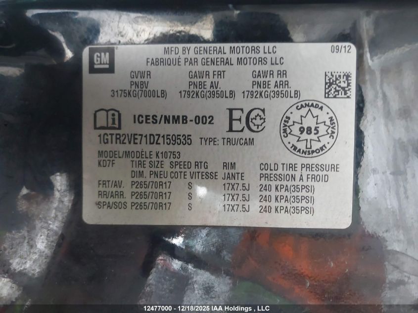 2013 GMC Sierra 1500 Sle VIN: 1GTR2VE71DZ159535 Lot: 12477000
