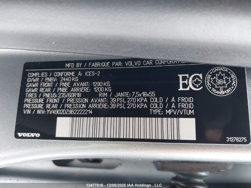 2011 Volvo Xc60 T6 T6 VIN: YV4902DZ9B2222214 Lot: 12477016