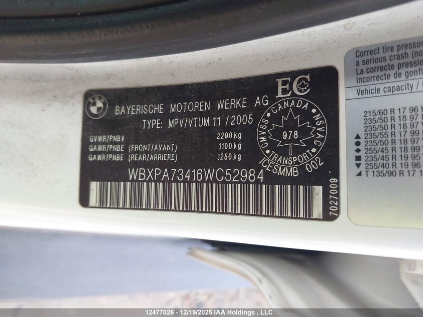 2006 BMW X3 2.5I VIN: WBXPA73416WC52984 Lot: 12477026