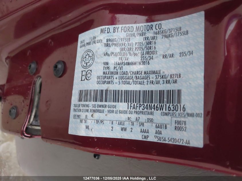 2006 Ford Focus Zx4 VIN: 1FAFP34N46W163016 Lot: 12477036