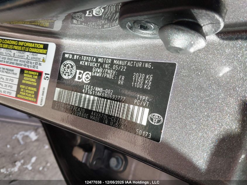 2022 Toyota Camry Se VIN: 4T1G11AK6NU692777 Lot: 12477038