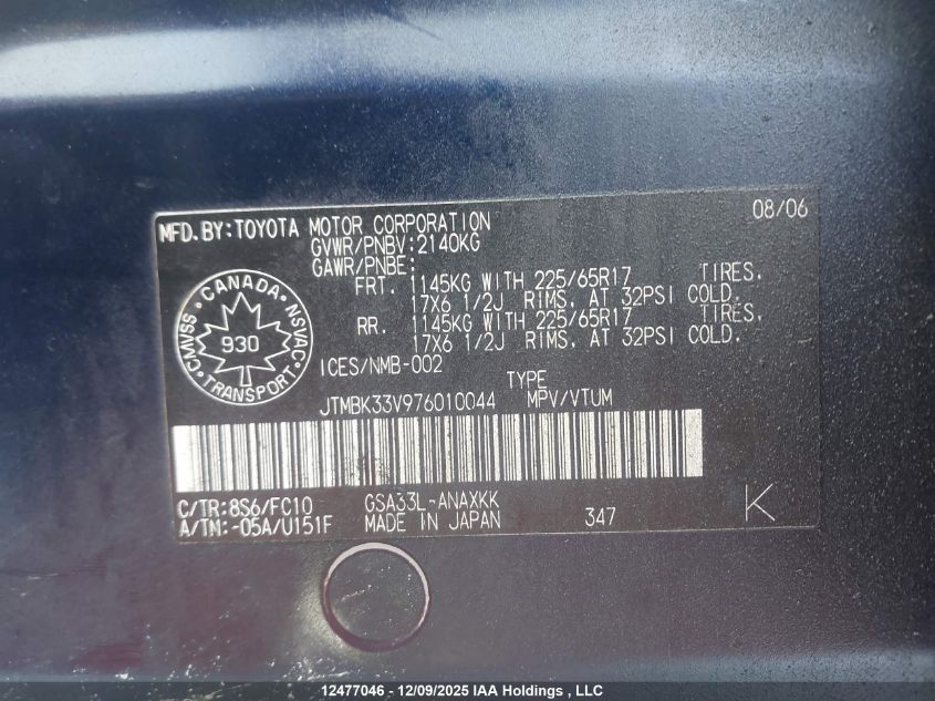 2007 Toyota Rav4 Base V6 VIN: JTMBK33V976010044 Lot: 12477046