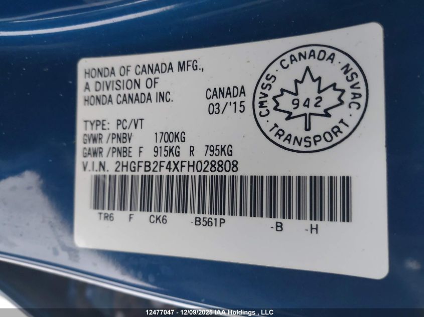 2015 Honda Civic Lx VIN: 2HGFB2F4XFH028808 Lot: 12477047