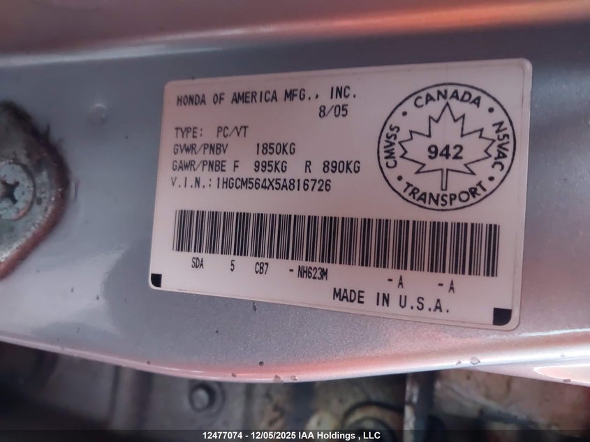 1HGCM564X5A816726 2005 HONDA ACCORD photo no. 9