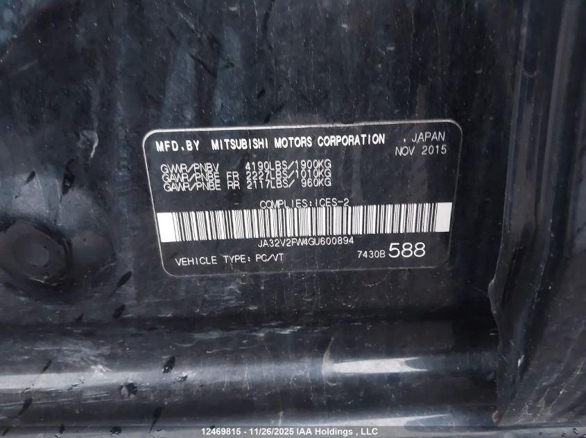 2016 Mitsubishi Lancer Es/Gts/Se Ltd VIN: JA32V2FW4GU600894 Lot: 12469815X