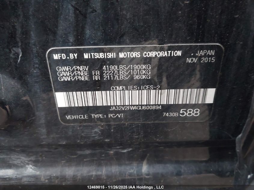 2016 Mitsubishi Lancer Es/Gts/Se Ltd VIN: JA32V2FW4GU600894 Lot: 12469815X
