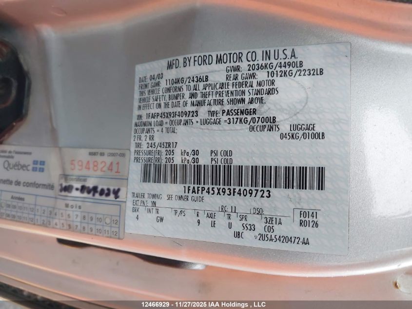 2003 Ford Mustang Gt VIN: 1FAFP45X93F409723 Lot: 12466929X