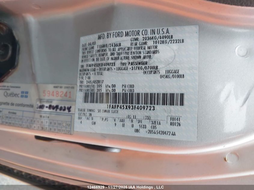 2003 Ford Mustang Gt VIN: 1FAFP45X93F409723 Lot: 12466929X