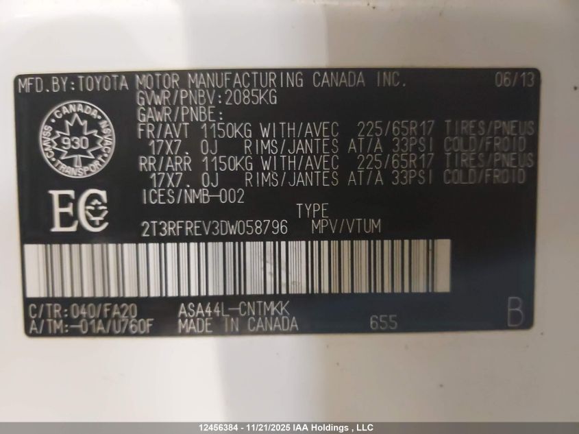 2013 Toyota Rav4 Xle VIN: 2T3RFREV3DW058796 Lot: 12456384X