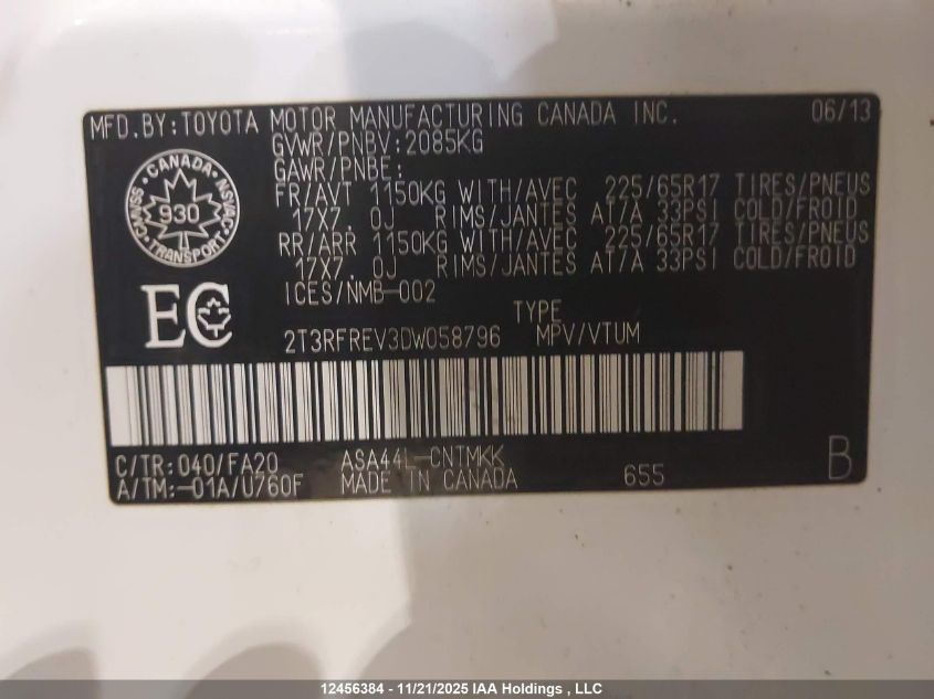 2013 Toyota Rav4 Xle VIN: 2T3RFREV3DW058796 Lot: 12456384X