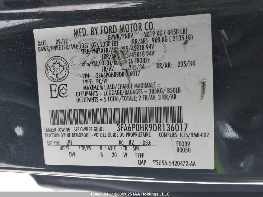 2013 Ford Fusion Se VIN: 3FA6P0HR9DR136017 Lot: 12465683X